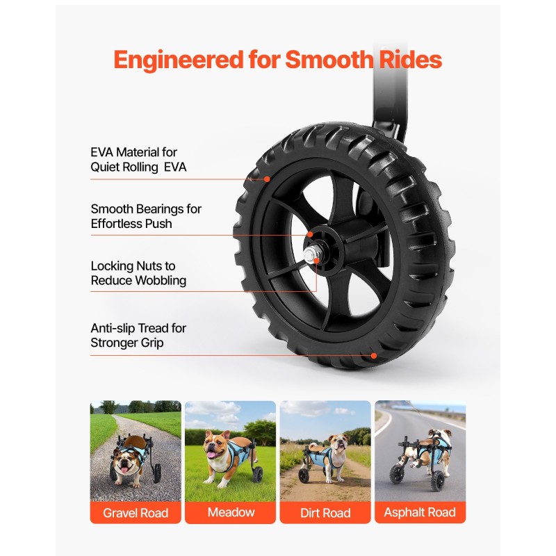 Koiran säädettävä pyörätuoli alumiinirungolla takajaloille iskunvaimentavilla pyörillä enintään viisitoista kilogrammaa