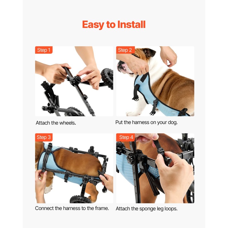 Koiran säädettävä pyörätuoli alumiinirungolla takajaloille iskunvaimentavilla pyörillä enintään viisitoista kilogrammaa