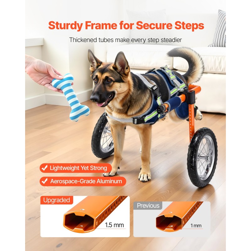 Koiran pyörätuoli takajaloille kevyt alumiinirunko 2 pyörää säädettävä 21,8–39,9 kg