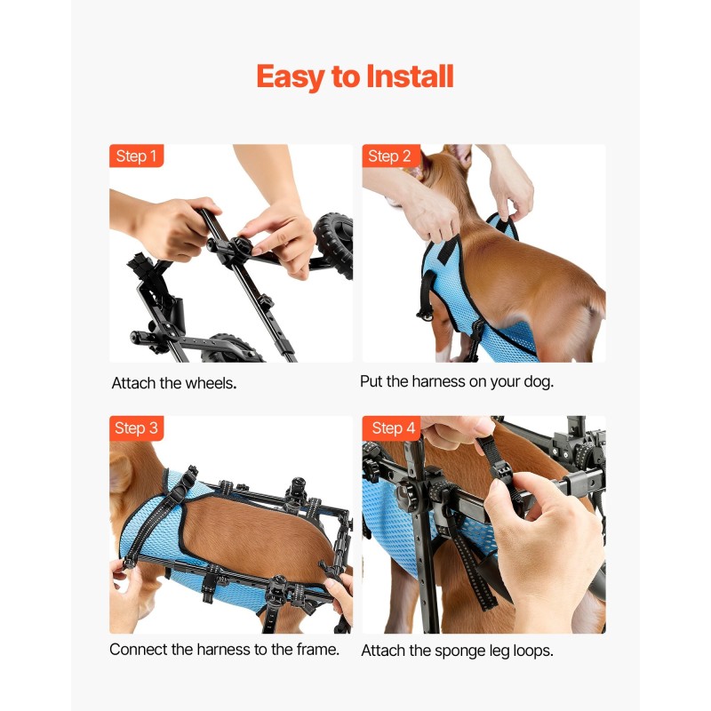Takajalkojen pyörätuoli koiralle alumiinirunkoinen säädettävä iskunvaimennuspyörillä erittäin pieni enintään kymmenen kiloa