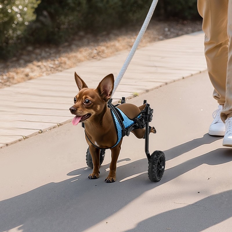 Takajalkojen pyörätuoli koiralle alumiinirunkoinen säädettävä iskunvaimennuspyörillä erittäin pieni enintään kymmenen kiloa
