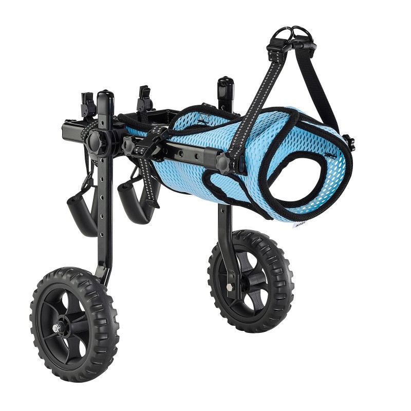 Takajalkojen pyörätuoli koiralle alumiinirunkoinen säädettävä iskunvaimennuspyörillä erittäin pieni enintään kymmenen kiloa