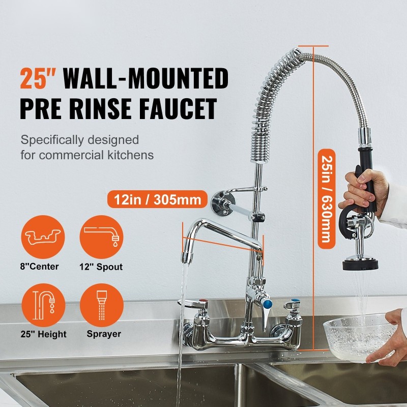 Seinäasennettava keittiöhana esihuuhteluruiskulla ruostumaton teräs messinki 25 tuuman korkeus 12 tuuman juoksuputki