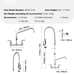 Seinään asennettava esihuuhteluhana ammattikeittiöön messinki ja 304-ruostumaton teräs kääntyvä 12 tuuman juoksuputki