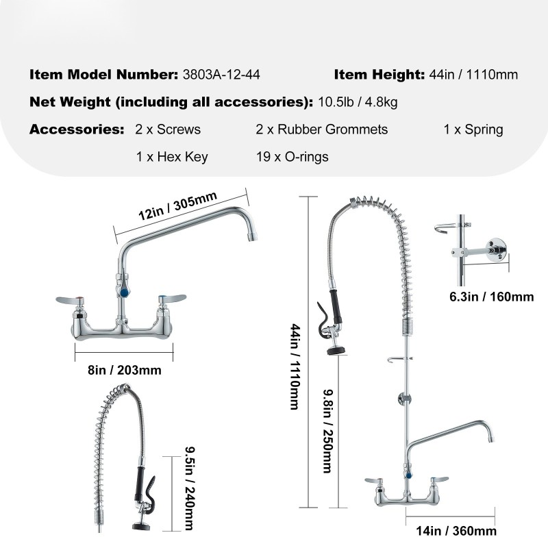 Seinään asennettava esihuuhteluhana ammattikeittiöön messinki ja 304-ruostumaton teräs kääntyvä 12 tuuman juoksuputki