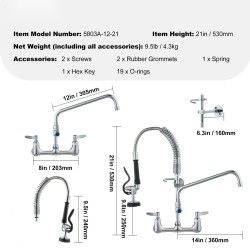 Seinäasennettava messinkinen keittiöhana esihuuhtelusuuttimella korkeus 21 tuumaa 12 tuumaa kääntyvä juoksuputki
