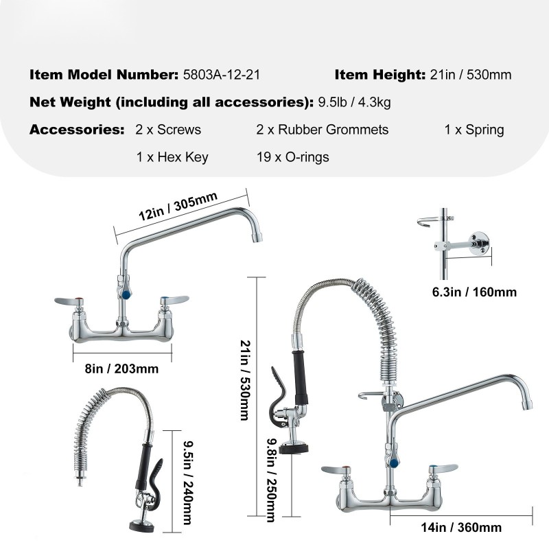 Seinäasennettava messinkinen keittiöhana esihuuhtelusuuttimella korkeus 21 tuumaa 12 tuumaa kääntyvä juoksuputki