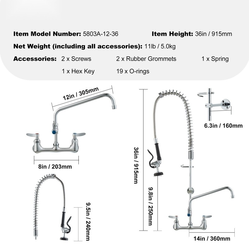 Seinäasennettava keittiöhana messinkirungolla ja 304-ruostumattomalla teräksellä esihuuhteluruisku 91,4 cm