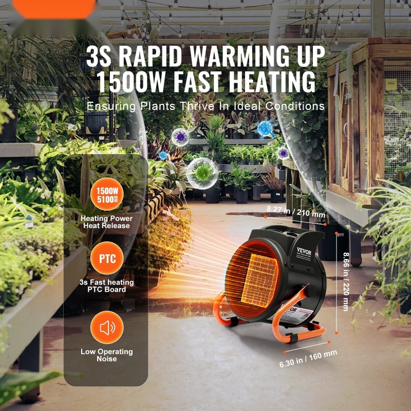 Sähköinen kasvihuonelämmitin 2000W PTC-lämmitys 3-nopeuksinen kannettava seosteräsrunko IP20-suojaus