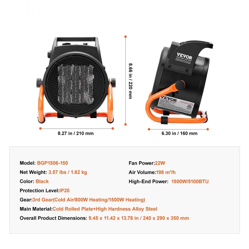 Sähköinen kasvihuonelämmitin 2000W PTC-lämmitys 3-nopeuksinen kannettava seosteräsrunko IP20-suojaus