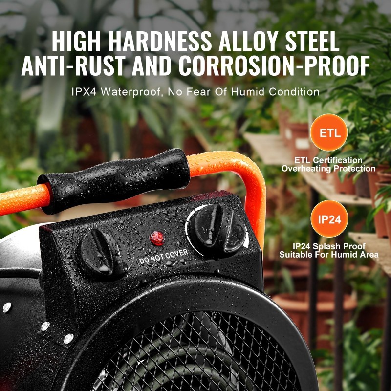 Kasvihuonelämmitin 2000W pieniin ja keskisuuriin kasvihuoneisiin IP24 roiskesuoja 2-nopeutta teräsrunko kannettava