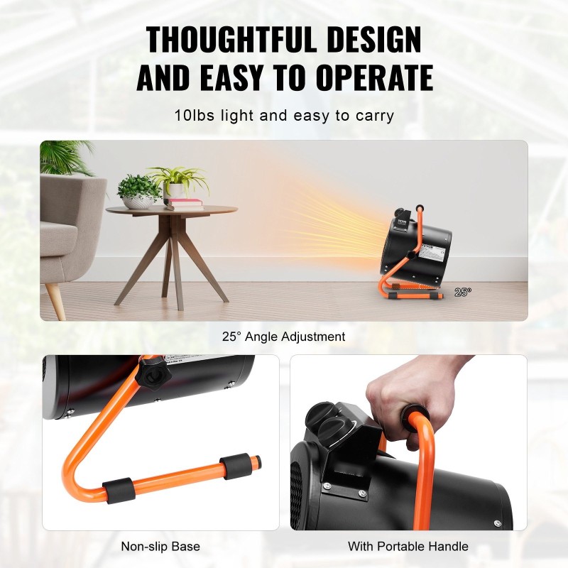 Kasvihuonelämmitin 2000W pieniin ja keskisuuriin kasvihuoneisiin IP24 roiskesuoja 2-nopeutta teräsrunko kannettava