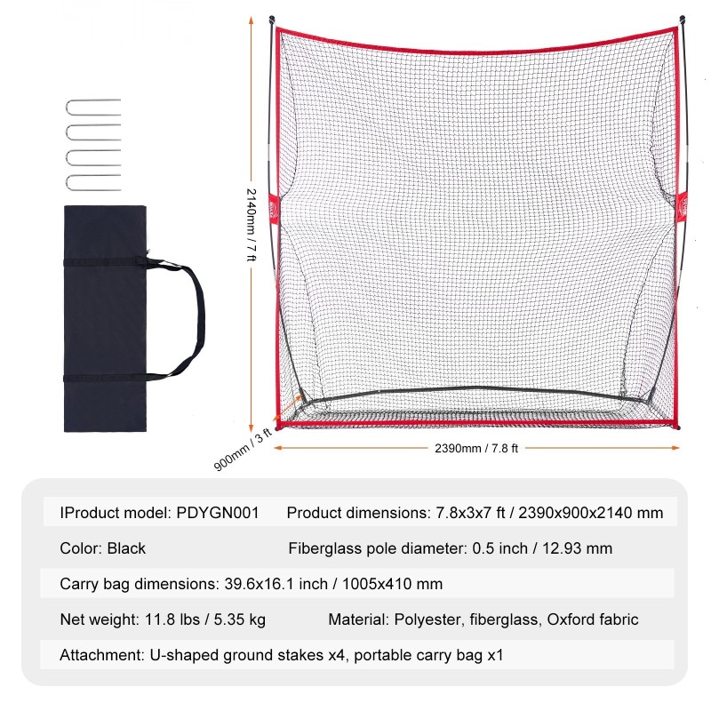 Golfin harjoitusverkko polyesteri lasikuitutangot 2390x900x2140 mm sisä- ja ulkokäyttöön