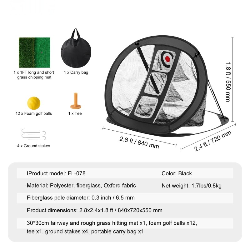 Golf-harjoitusverkko Oxford-kangas 840x720x550 mm 3 kohdealuetta pop up musta