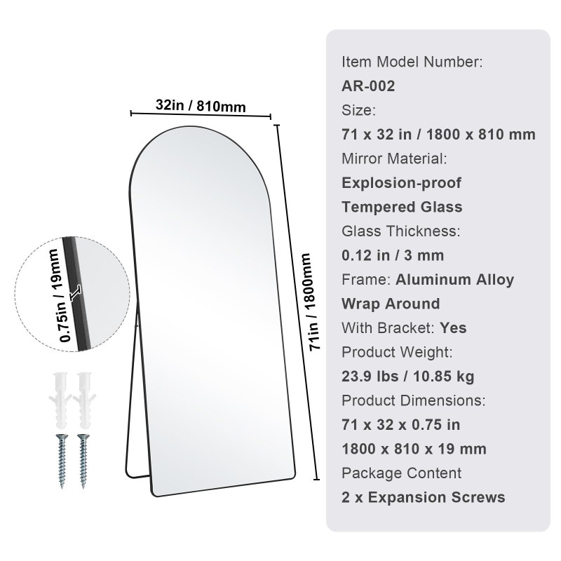 Kokovartalopeili 1800 x 810 mm alumiiniseoskehyksellä karkaistulla lasilla jalustalla