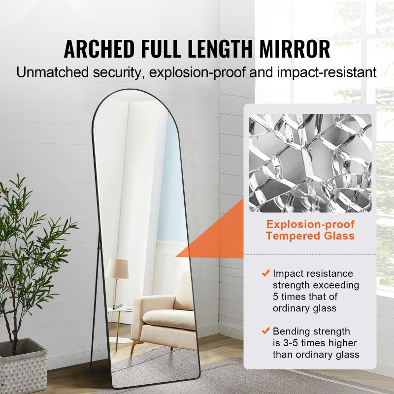 Kaareva kokovartalopeili 1650×558 mm karkaistu lasi alumiinikehys telineellä musta