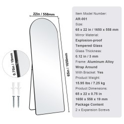 Kaareva kokovartalopeili 1650×558 mm karkaistu lasi alumiinikehys telineellä musta