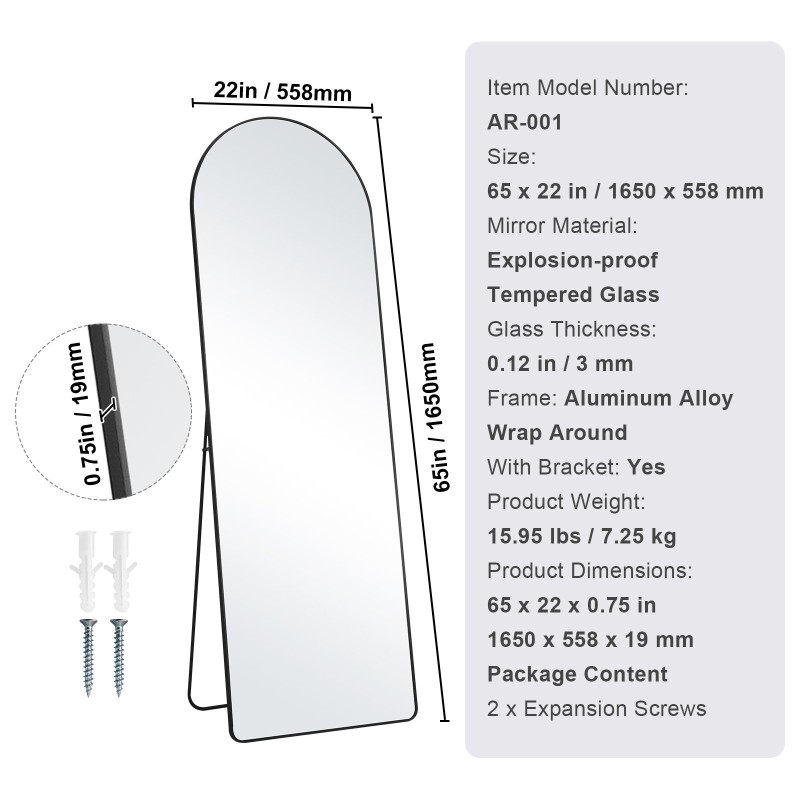 Kaareva kokovartalopeili 1650×558 mm karkaistu lasi alumiinikehys telineellä musta