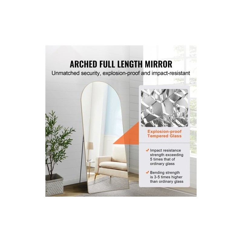 Täyspitkä kaareva lattiapeili räjähdyssuojatulla karkaistulla lasilla alumiinikehyksellä 180 x 76 cm