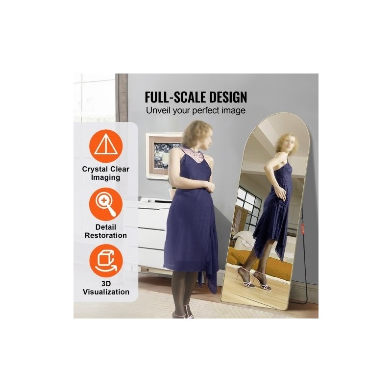 Täyspitkä kaareva lattiapeili räjähdyssuojatulla karkaistulla lasilla alumiinikehyksellä 180 x 76 cm