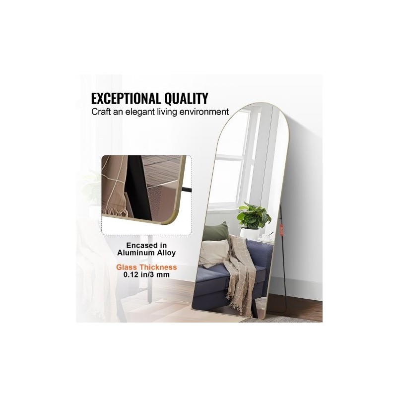 Täyspitkä kaareva lattiapeili räjähdyssuojatulla karkaistulla lasilla alumiinikehyksellä 180 x 76 cm