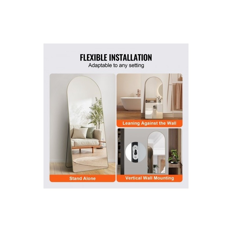 Täyspitkä kaareva lattiapeili räjähdyssuojatulla karkaistulla lasilla alumiinikehyksellä 180 x 76 cm