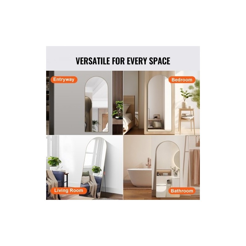 Täyspitkä kaareva lattiapeili räjähdyssuojatulla karkaistulla lasilla alumiinikehyksellä 180 x 76 cm