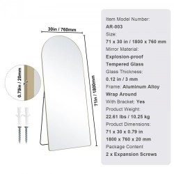 Täyspitkä kaareva lattiapeili räjähdyssuojatulla karkaistulla lasilla alumiinikehyksellä 180 x 76 cm