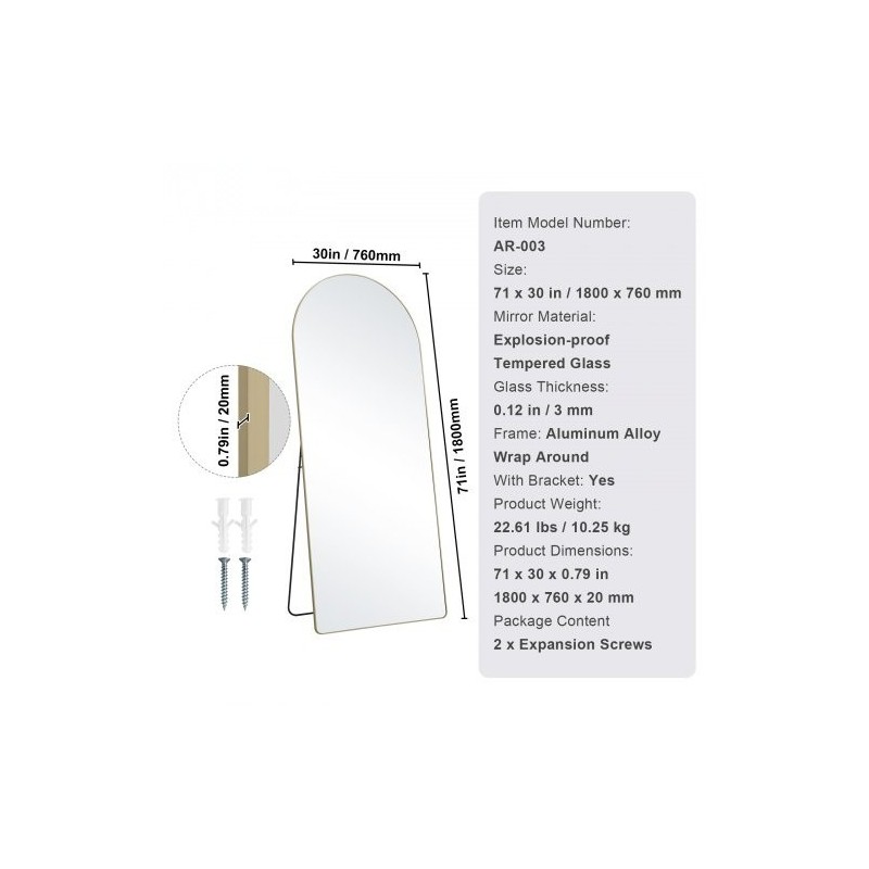 Täyspitkä kaareva lattiapeili räjähdyssuojatulla karkaistulla lasilla alumiinikehyksellä 180 x 76 cm
