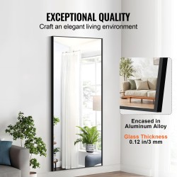 Koko vartalon lattiapeili 1800 x 785 mm karkaistu lasi alumiinikehys musta jalustalla