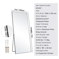 Koko vartalon lattiapeili 1800 x 785 mm karkaistu lasi alumiinikehys musta jalustalla