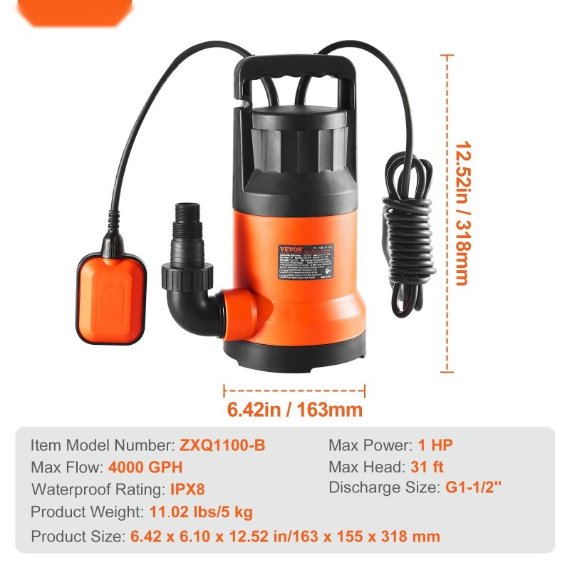 Upotettava kuivatuspumppu nailon lasikuitu 700 watin 15700 litraa tunnissa 10 metrin nostokorkeus