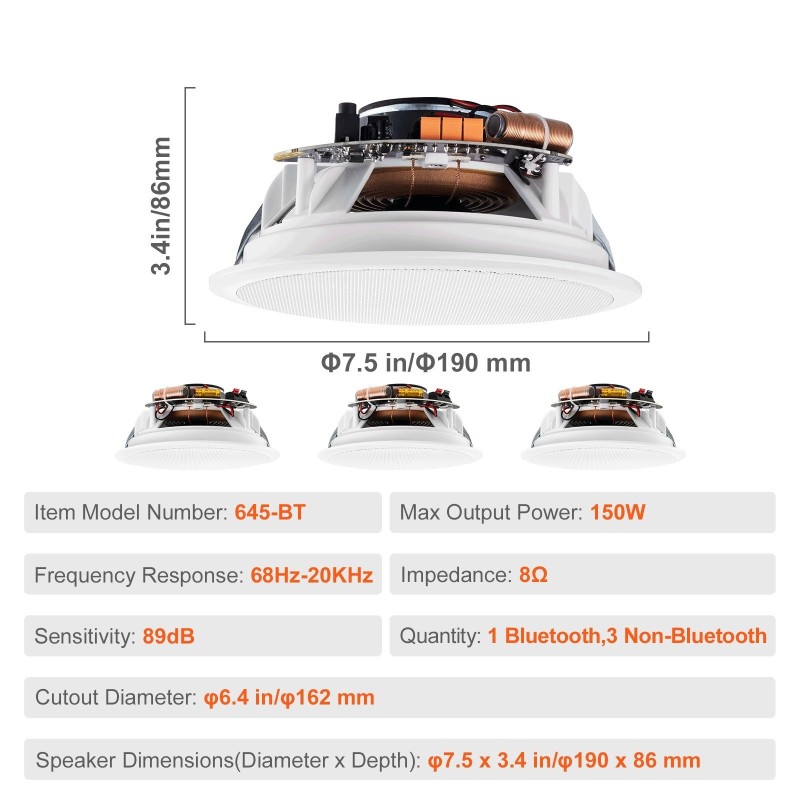 Kattokaiutinpakkaus Bluetoothilla 4 kpl 16,5 cm 150W uppoasennettava