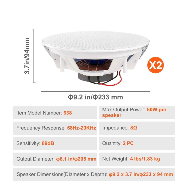 Uppoasennettavat katto- ja seinäkaiuttimet 8 tuumaa 2 kpl 50 watin teho