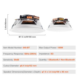 Upotettavat katto- ja seinäkaiuttimet 2 kpl 16,5 cm Bluetoothilla 150 watin