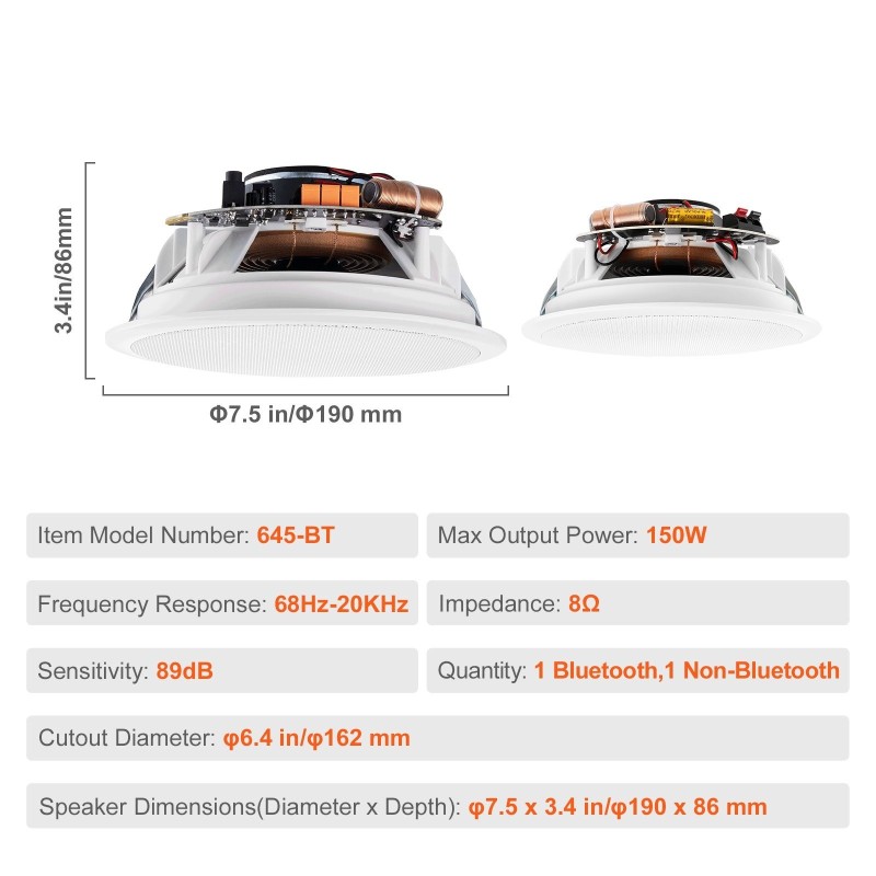 Upotettavat katto- ja seinäkaiuttimet 2 kpl 16,5 cm Bluetoothilla 150 watin