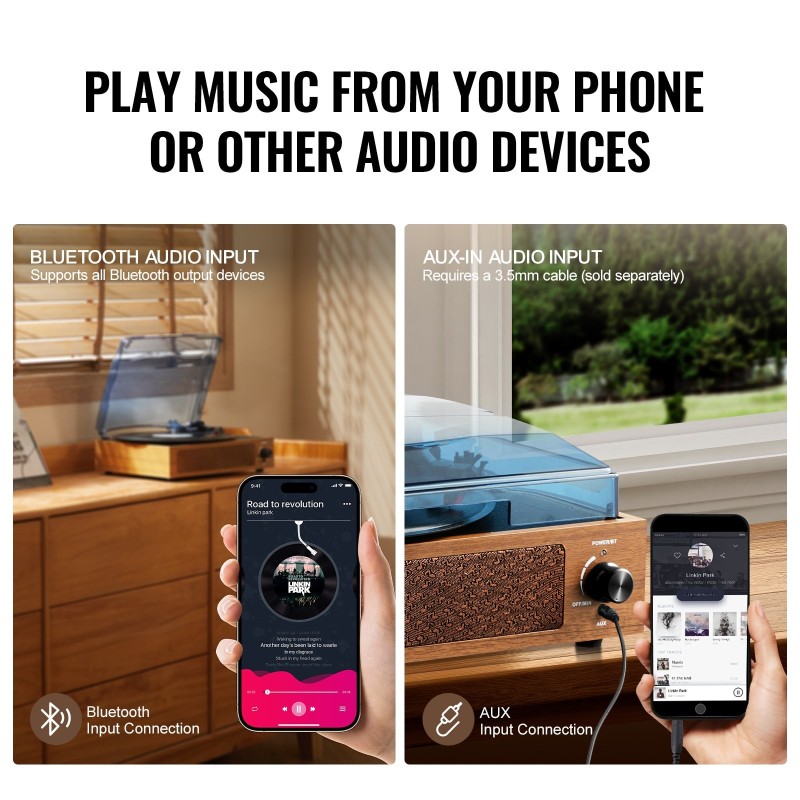Hihnavetoinen kolminopeuksinen levysoitin 7/10/12 tuuman levyille sisäänrakennetulla kolmen watin kaiuttimella Bluetoothilla