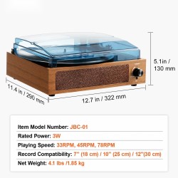 Hihnavetoinen kolminopeuksinen levysoitin 7/10/12 tuuman levyille sisäänrakennetulla kolmen watin kaiuttimella Bluetoothilla