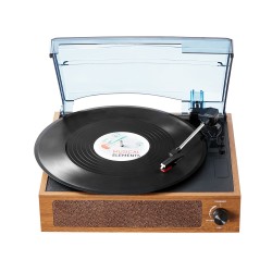 Hihnavetoinen kolminopeuksinen levysoitin 7/10/12 tuuman levyille sisäänrakennetulla kolmen watin kaiuttimella Bluetoothilla