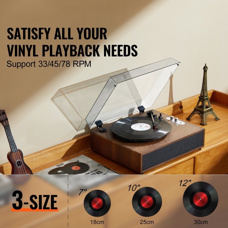 Vinylilevysoitin kolmenopeuksinen hihnavetoinen Bluetoothilla ja kymmenen watin stereokaiuttimilla