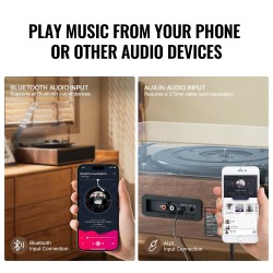 Vinylilevysoitin kolmenopeuksinen hihnavetoinen Bluetoothilla ja kymmenen watin stereokaiuttimilla