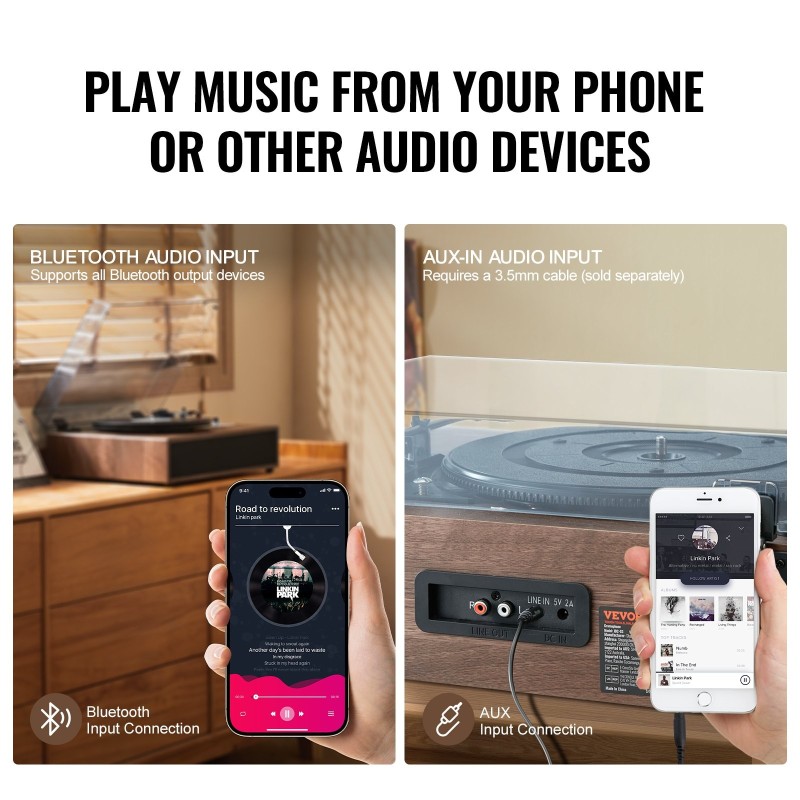 Vinylilevysoitin kolmenopeuksinen hihnavetoinen Bluetoothilla ja kymmenen watin stereokaiuttimilla