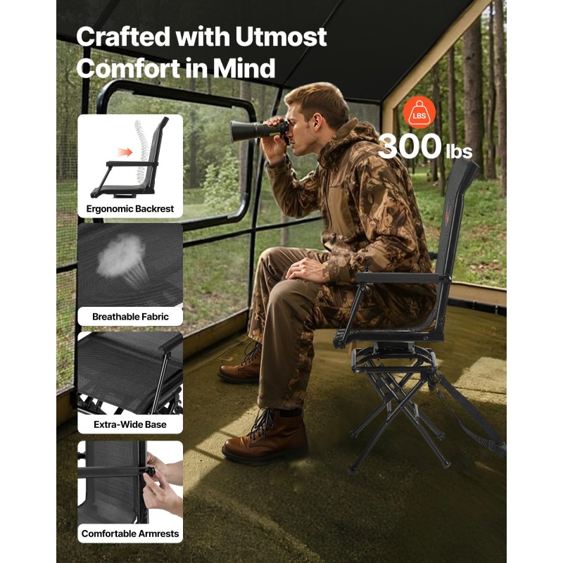 Taitettava metsästystuoli kevyt teräsrunko kääntyvä hiljainen istuin käsinojat säädettävä kantohihna