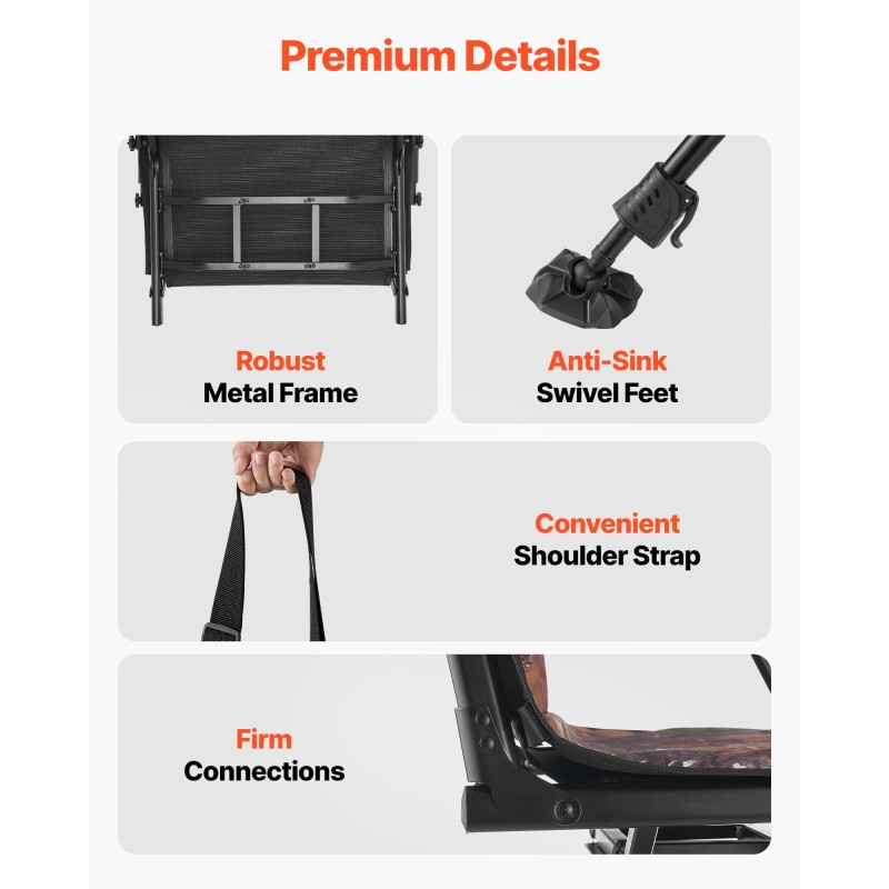 Metsästystuoli teräsrunko täyskääntyvä hiljainen taitettava korkeussäädettävä sataviisikymmentäkahdeksan kilogramman kantavuus