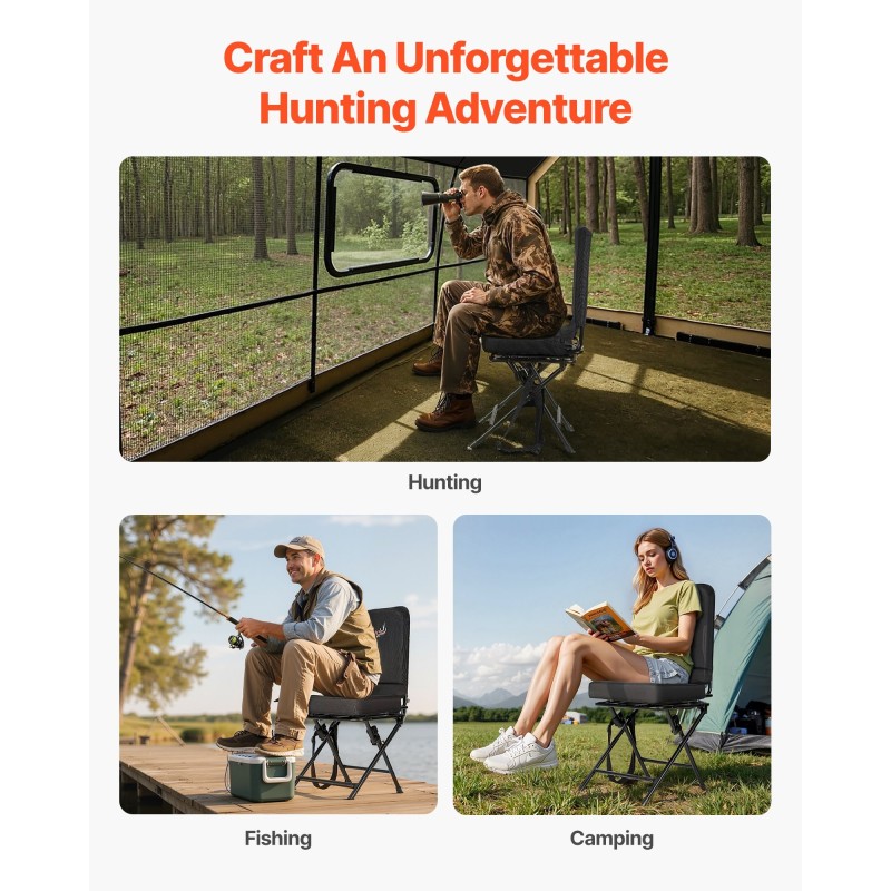 Metsästysjakkara kevyt kokoontaitettava teräsrunko 136 kilon kantavuus 360 asteen hiljainen kääntyvä istuin
