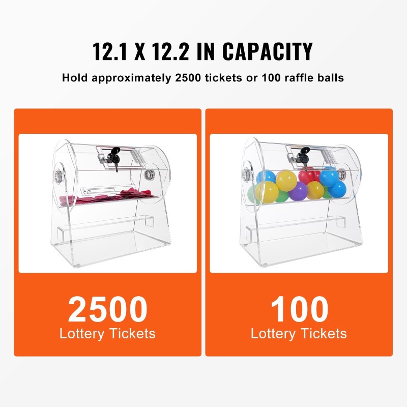 Akryylinen arvontarumpu tilaa 2500 lipuketta tai 100 arvontapalloa lukittava ovi 2 avainta