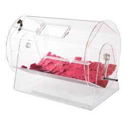 Akryylinen läpinäkyvä arpakuvarumpu kymmenentuhatta arpaa tai kolmesataa arpakuulaa lukittavalla ovella