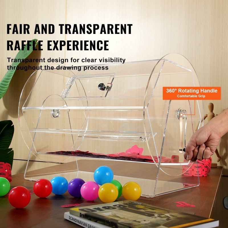 Akryylinen läpinäkyvä arpakuvarumpu kymmenentuhatta arpaa tai kolmesataa arpakuulaa lukittavalla ovella