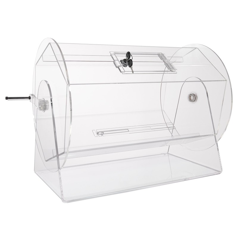 Akryylinen läpinäkyvä arpakuvarumpu kymmenentuhatta arpaa tai kolmesataa arpakuulaa lukittavalla ovella