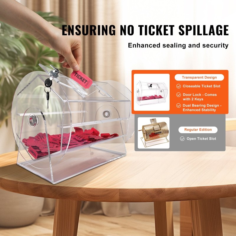 Akryylinen läpinäkyvä arpomisrumpu 5000 lipuketta tai 200 arpakuulaa lukittava ovi